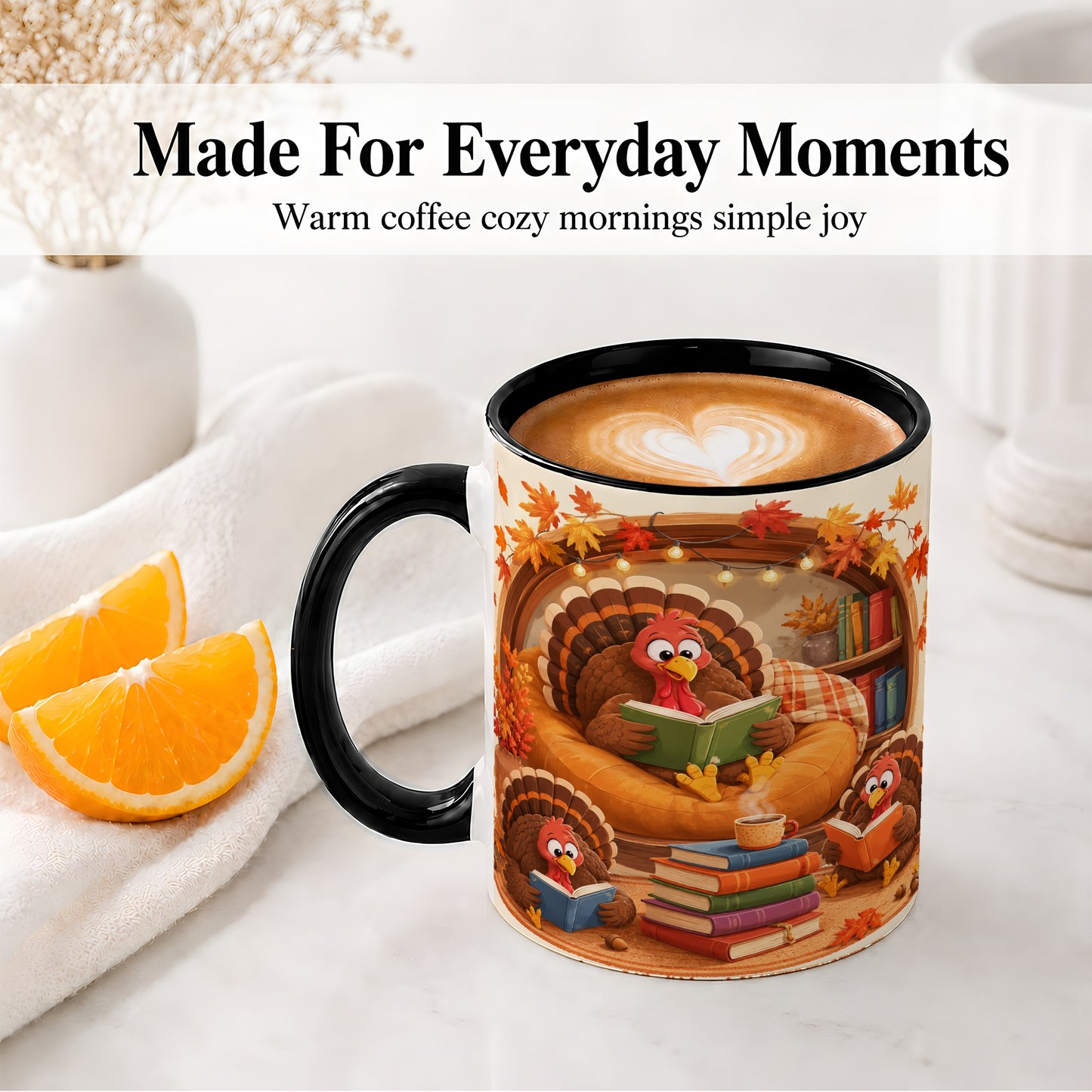 #pl[11oz|Black] Thanksgiving Reading Turkey Accent Mug, Mug with Cozy Book Artwork