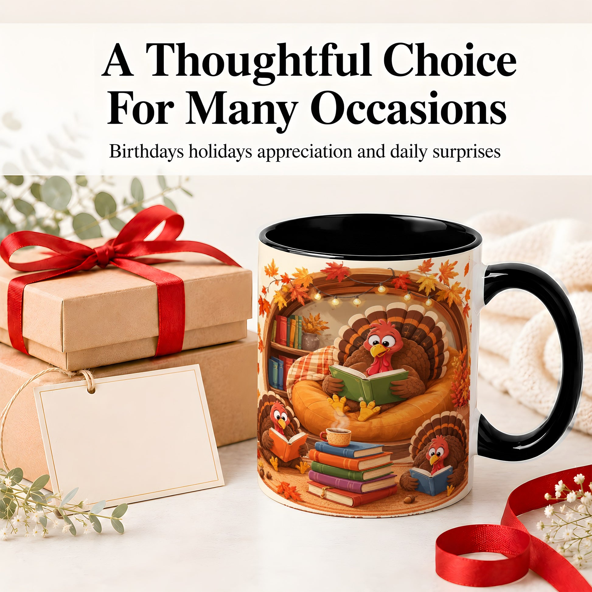 #pl[11oz|Black] Thanksgiving Reading Turkey Accent Mug, Mug with Cozy Book Artwork