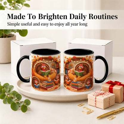 #pl[11oz|Black] Thanksgiving Reading Turkey Accent Mug, Mug with Cozy Book Artwork