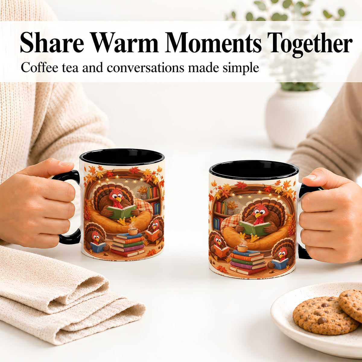 #pl[11oz|Black] Thanksgiving Reading Turkey Accent Mug, Mug with Cozy Book Artwork