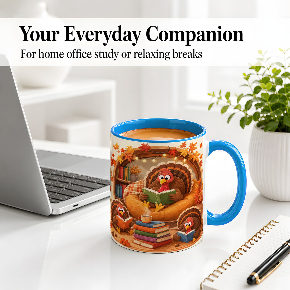 #pl[11oz|Blue] Thanksgiving Reading Turkey Accent Mug, Mug with Cozy Book Artwork