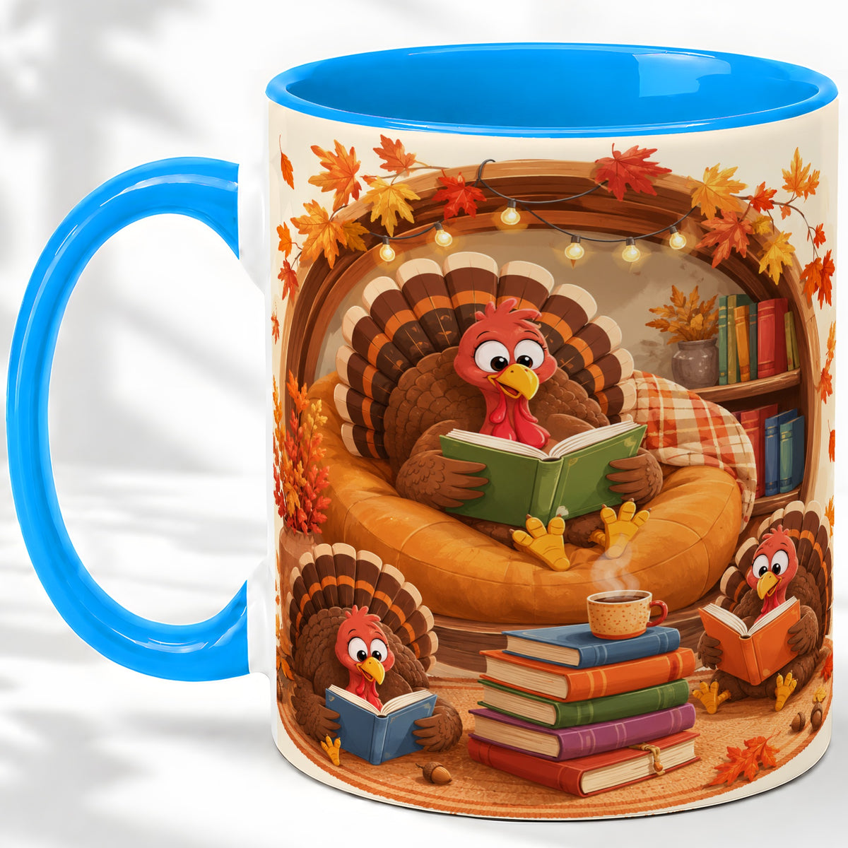 #pl[11oz|Blue] Thanksgiving Reading Turkey Accent Mug, Mug with Cozy Book Artwork