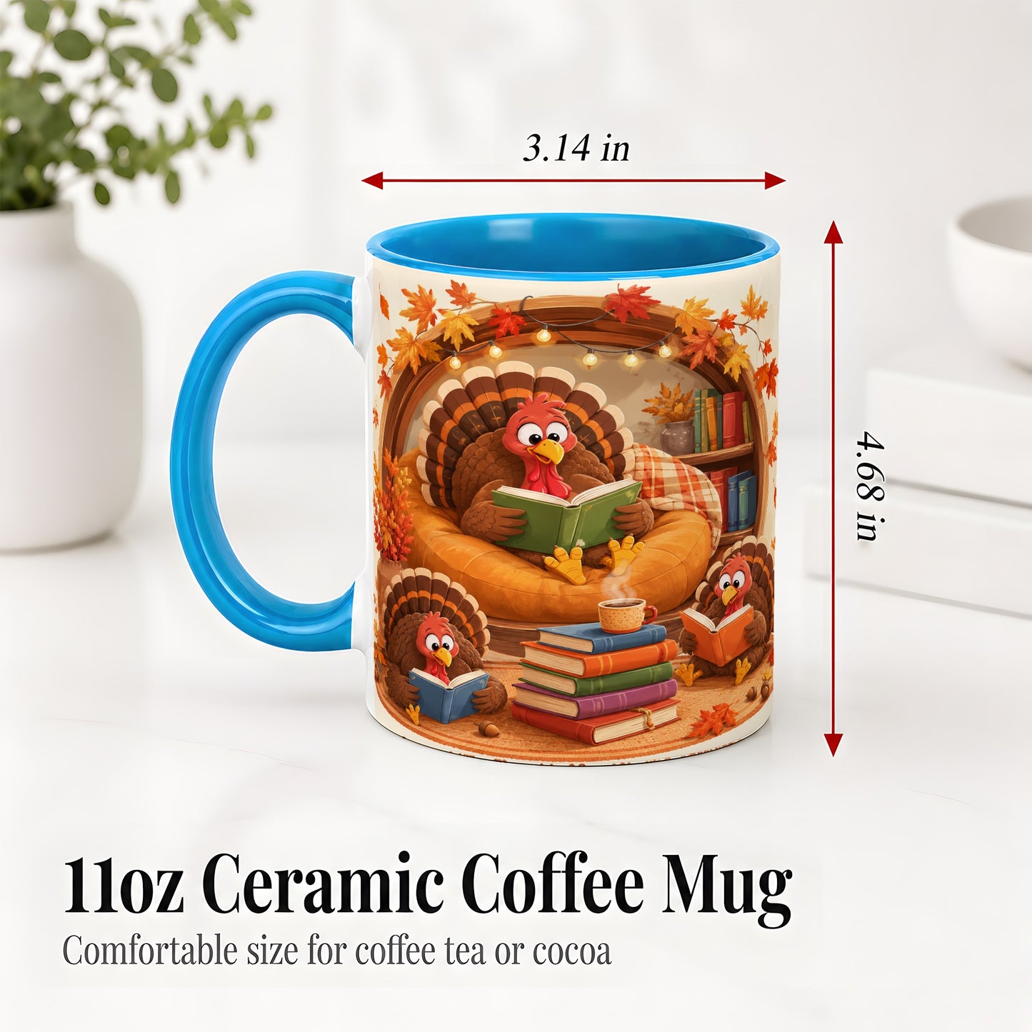 #pl[11oz|Blue] Thanksgiving Reading Turkey Accent Mug, Mug with Cozy Book Artwork