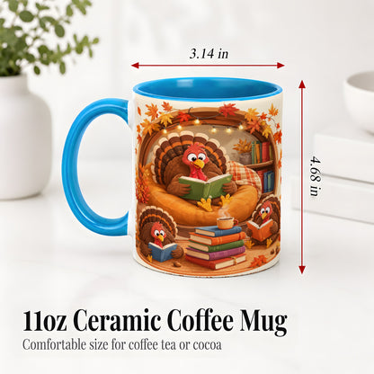 #pl[11oz|Blue] Thanksgiving Reading Turkey Accent Mug, Mug with Cozy Book Artwork