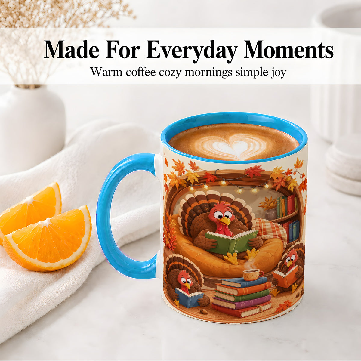 #pl[11oz|Blue] Thanksgiving Reading Turkey Accent Mug, Mug with Cozy Book Artwork