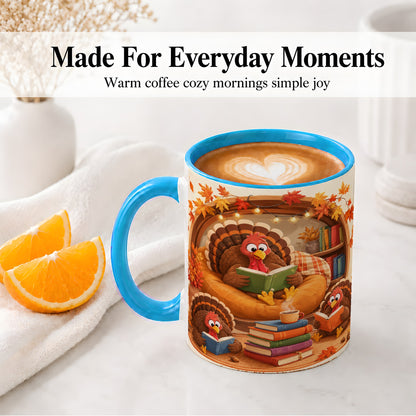 #pl[11oz|Blue] Thanksgiving Reading Turkey Accent Mug, Mug with Cozy Book Artwork
