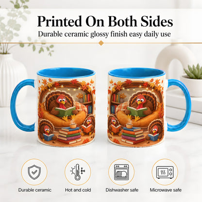 #pl[11oz|Blue] Thanksgiving Reading Turkey Accent Mug, Mug with Cozy Book Artwork