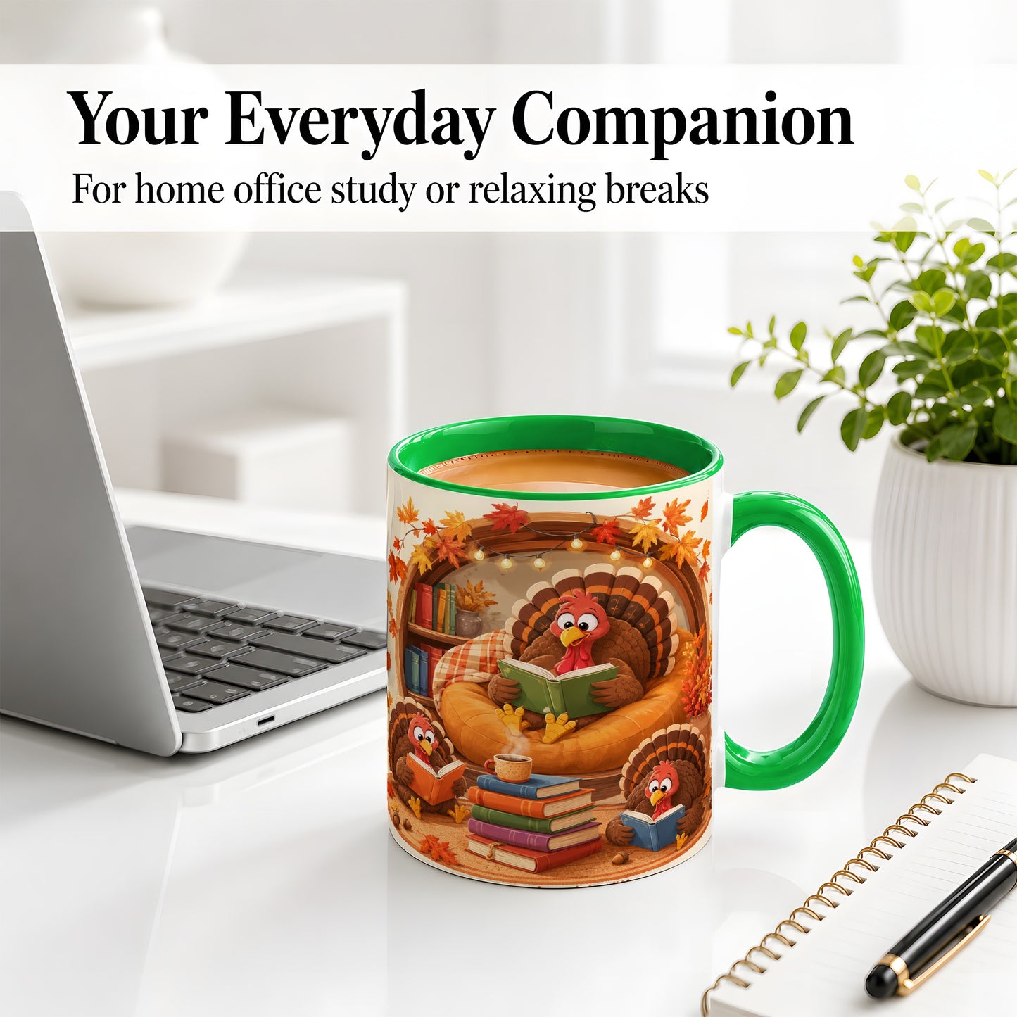 #pl[11oz|Green] Thanksgiving Reading Turkey Accent Mug, Mug with Cozy Book Artwork