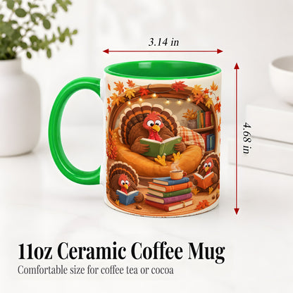 #pl[11oz|Green] Thanksgiving Reading Turkey Accent Mug, Mug with Cozy Book Artwork