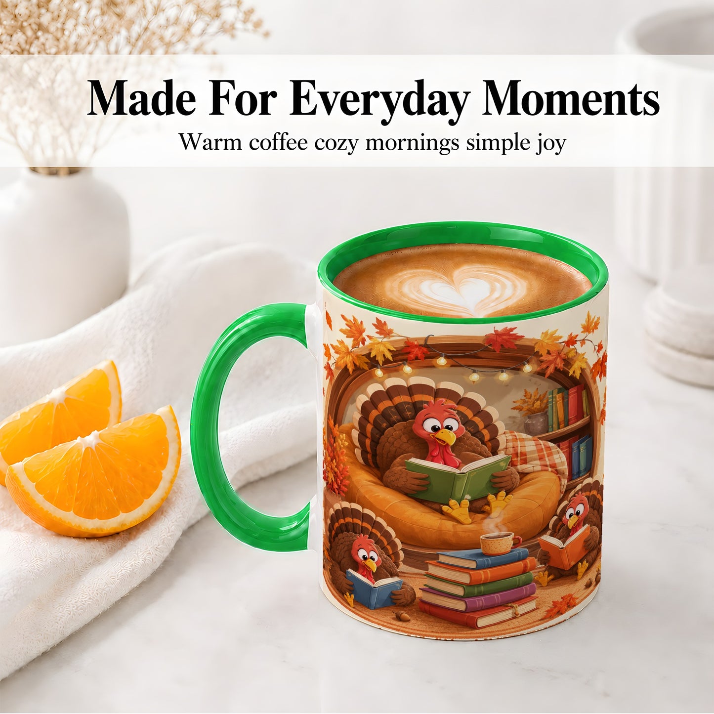 #pl[11oz|Green] Thanksgiving Reading Turkey Accent Mug, Mug with Cozy Book Artwork