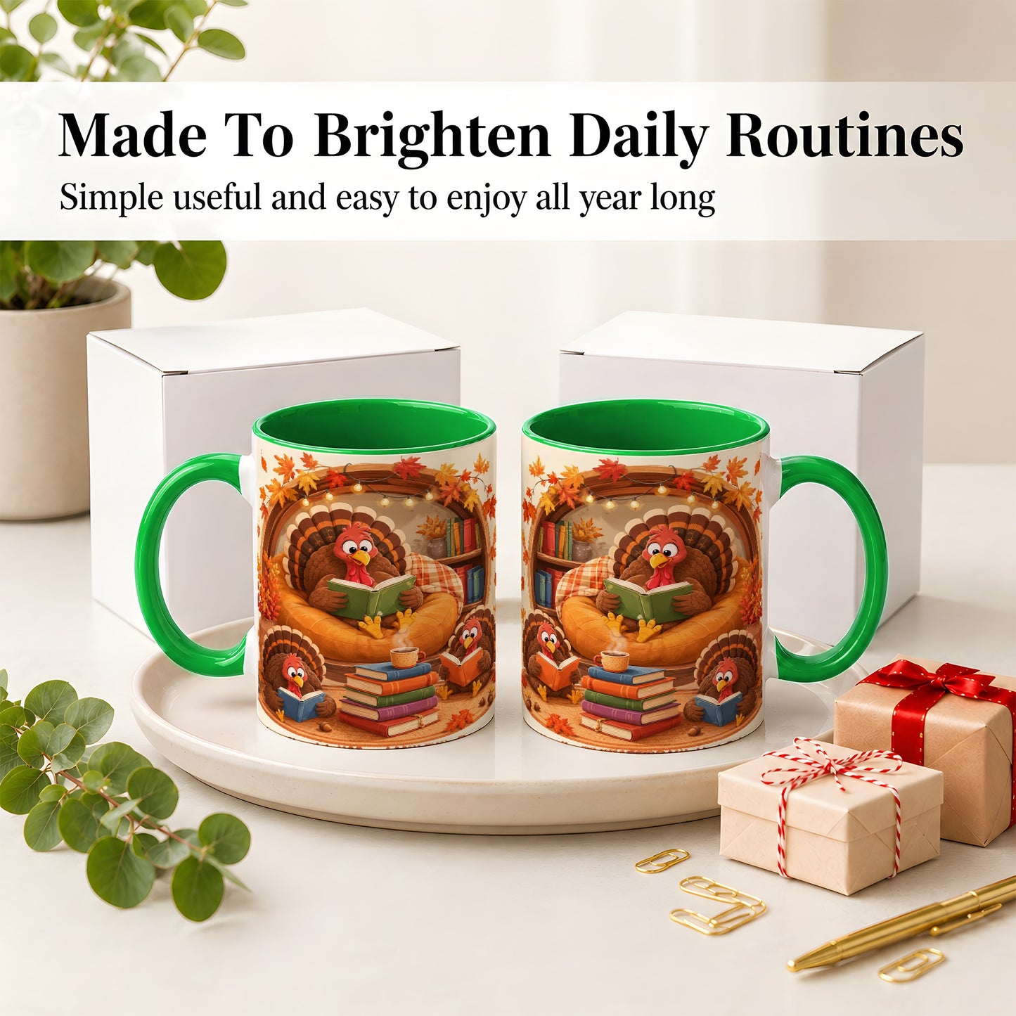 #pl[11oz|Green] Thanksgiving Reading Turkey Accent Mug, Mug with Cozy Book Artwork