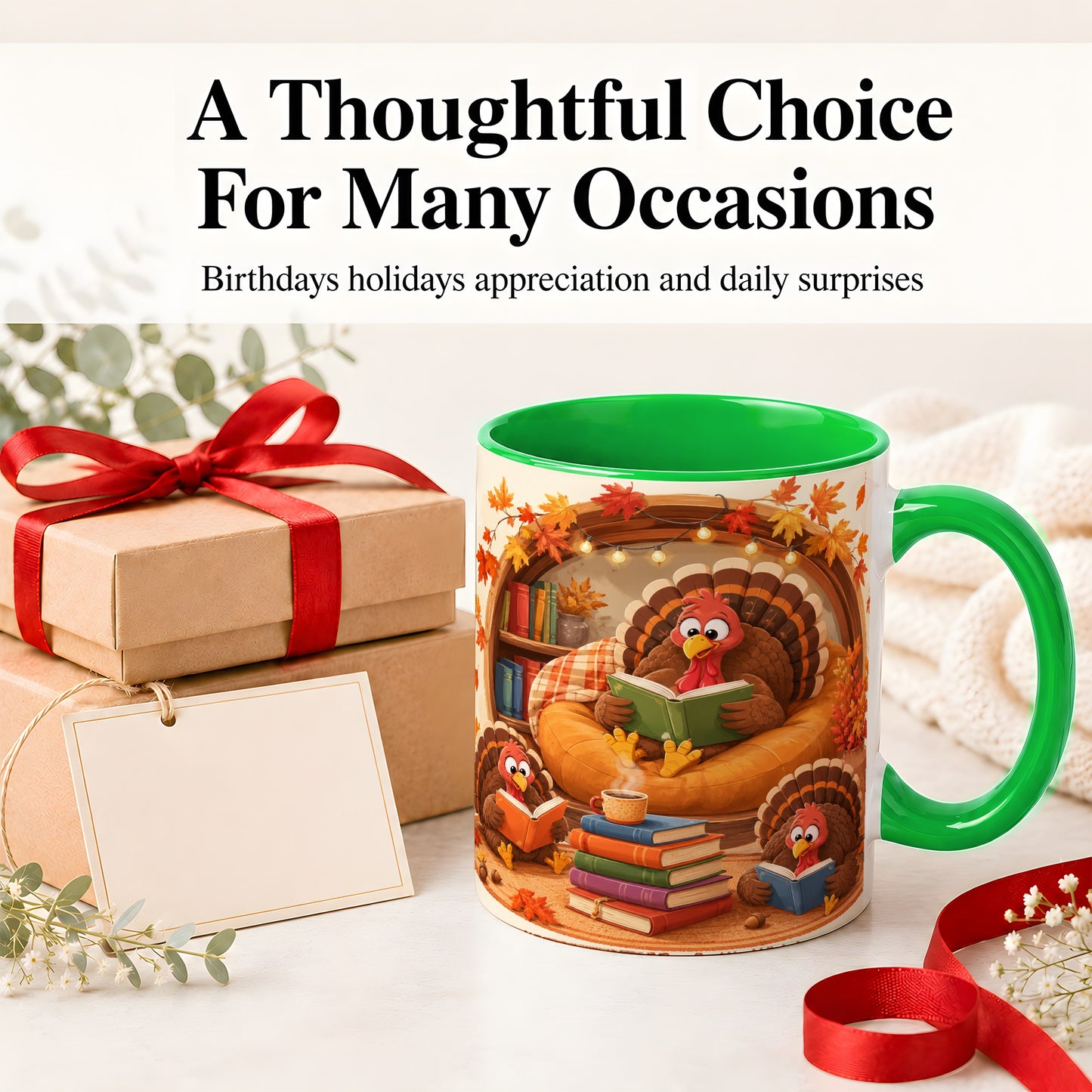 #pl[11oz|Green] Thanksgiving Reading Turkey Accent Mug, Mug with Cozy Book Artwork