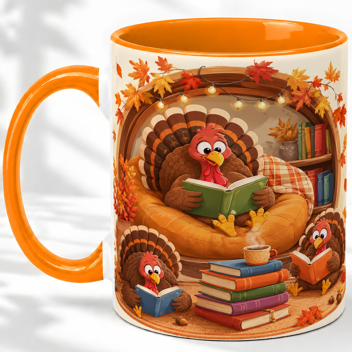 #pl[11oz|Orange] Thanksgiving Reading Turkey Accent Mug, Mug with Cozy Book Artwork