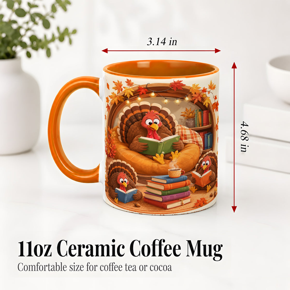 #pl[11oz|Orange] Thanksgiving Reading Turkey Accent Mug, Mug with Cozy Book Artwork