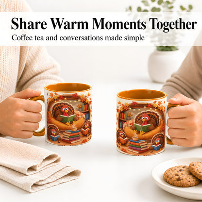 #pl[11oz|Orange] Thanksgiving Reading Turkey Accent Mug, Mug with Cozy Book Artwork