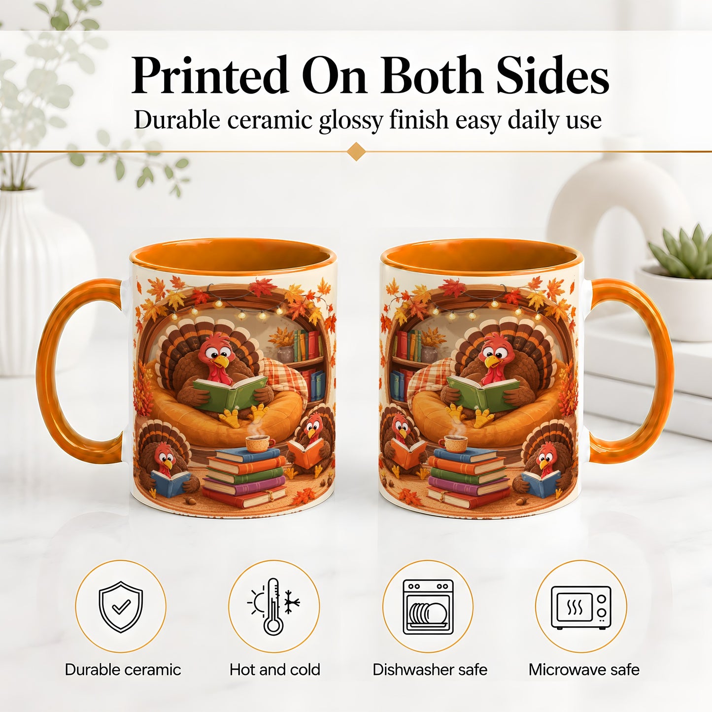 #pl[11oz|Orange] Thanksgiving Reading Turkey Accent Mug, Mug with Cozy Book Artwork
