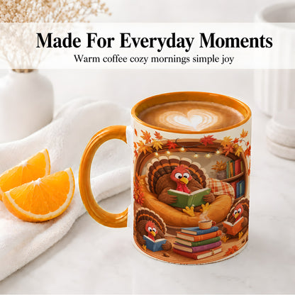 #pl[11oz|Orange] Thanksgiving Reading Turkey Accent Mug, Mug with Cozy Book Artwork