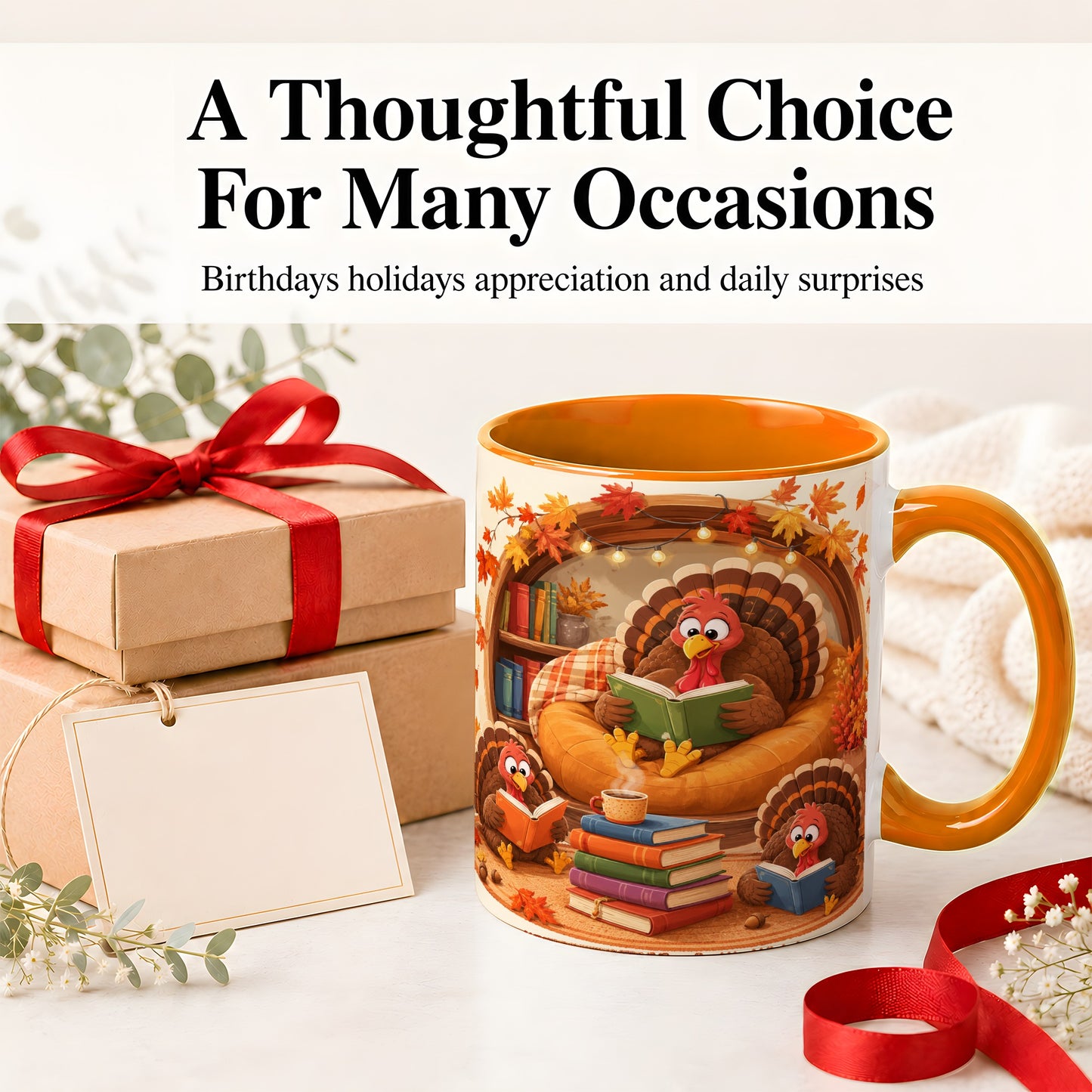 #pl[11oz|Orange] Thanksgiving Reading Turkey Accent Mug, Mug with Cozy Book Artwork