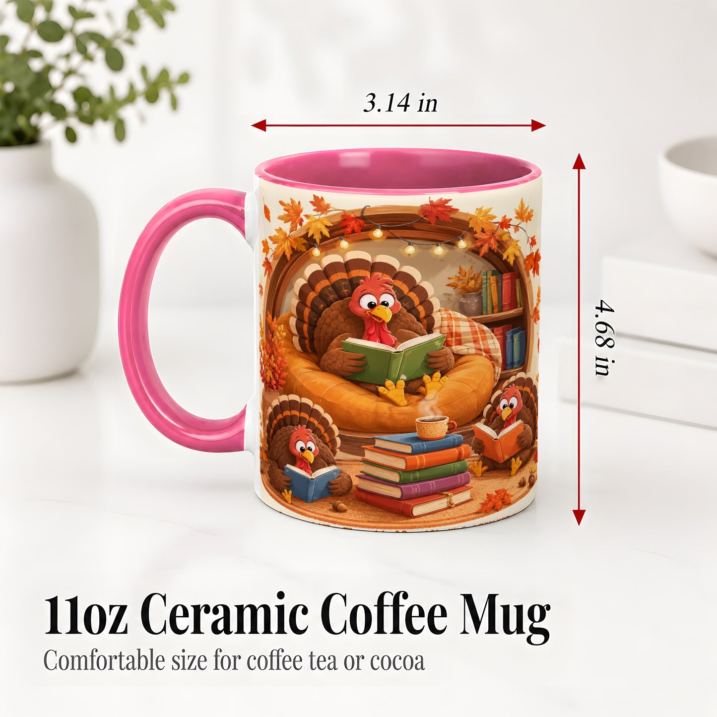 #pl[11oz|Pink] Thanksgiving Reading Turkey Accent Mug, Mug with Cozy Book Artwork