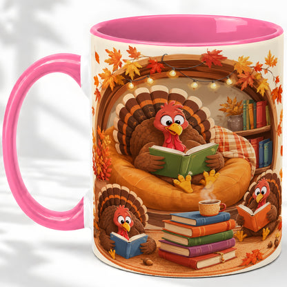 #pl[11oz|Pink] Thanksgiving Reading Turkey Accent Mug, Mug with Cozy Book Artwork