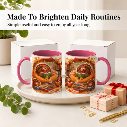 #pl[11oz|Pink] Thanksgiving Reading Turkey Accent Mug, Mug with Cozy Book Artwork