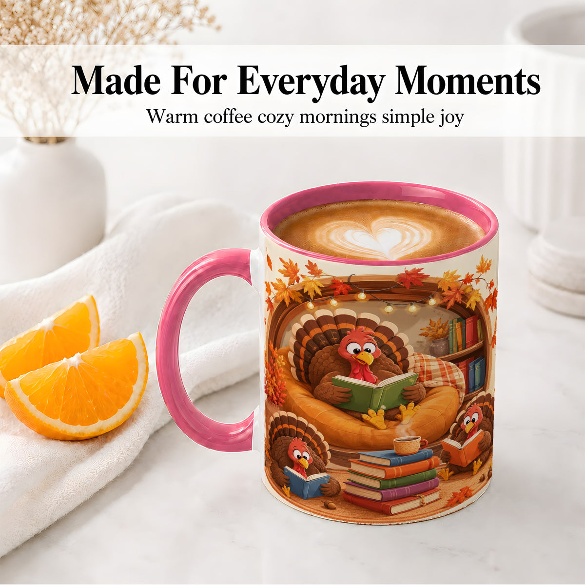 #pl[11oz|Pink] Thanksgiving Reading Turkey Accent Mug, Mug with Cozy Book Artwork