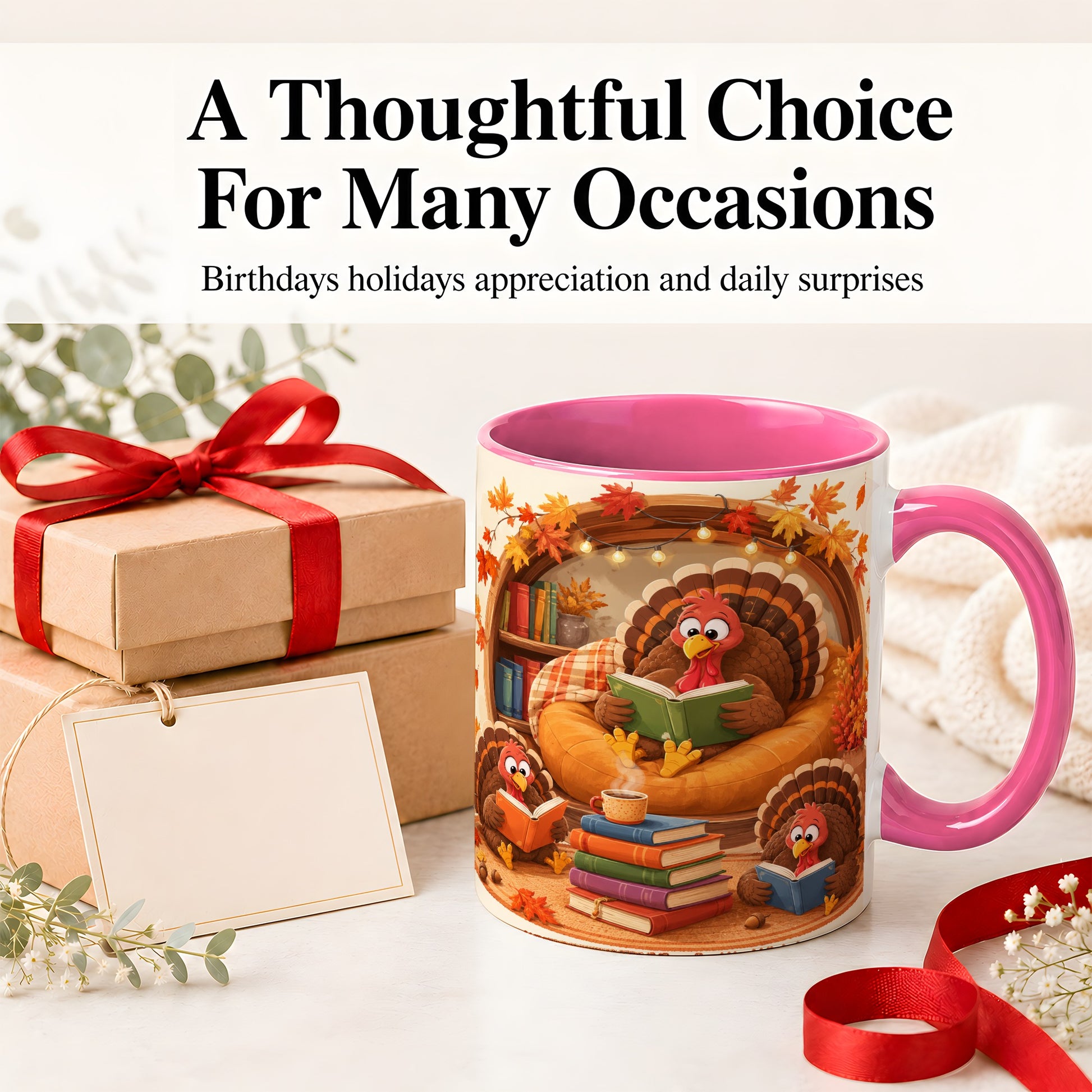 #pl[11oz|Pink] Thanksgiving Reading Turkey Accent Mug, Mug with Cozy Book Artwork