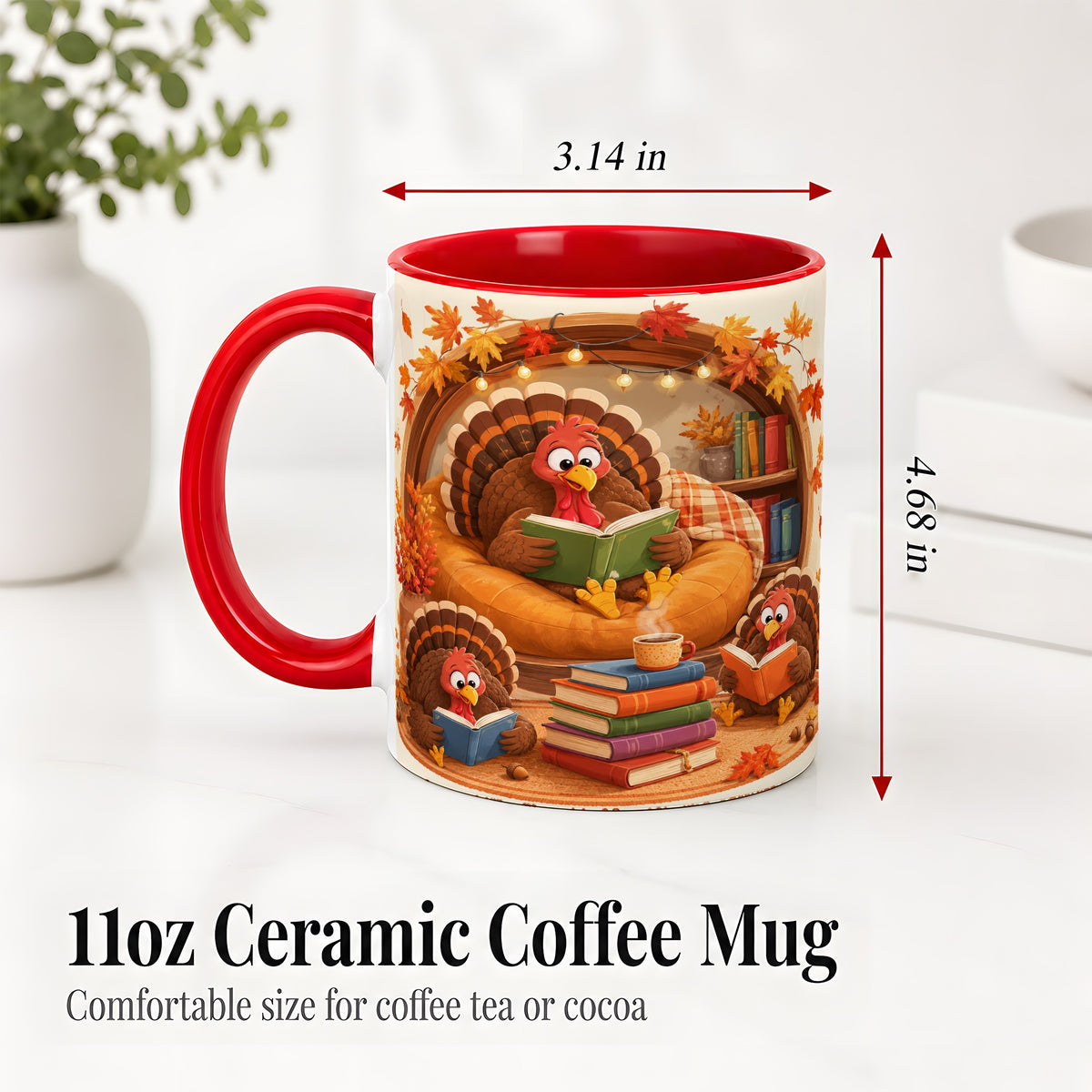 #pl[11oz|Red] Thanksgiving Reading Turkey Accent Mug, Mug with Cozy Book Artwork