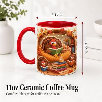 #pl[11oz|Red] Thanksgiving Reading Turkey Accent Mug, Mug with Cozy Book Artwork