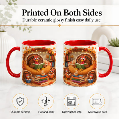 #pl[11oz|Red] Thanksgiving Reading Turkey Accent Mug, Mug with Cozy Book Artwork
