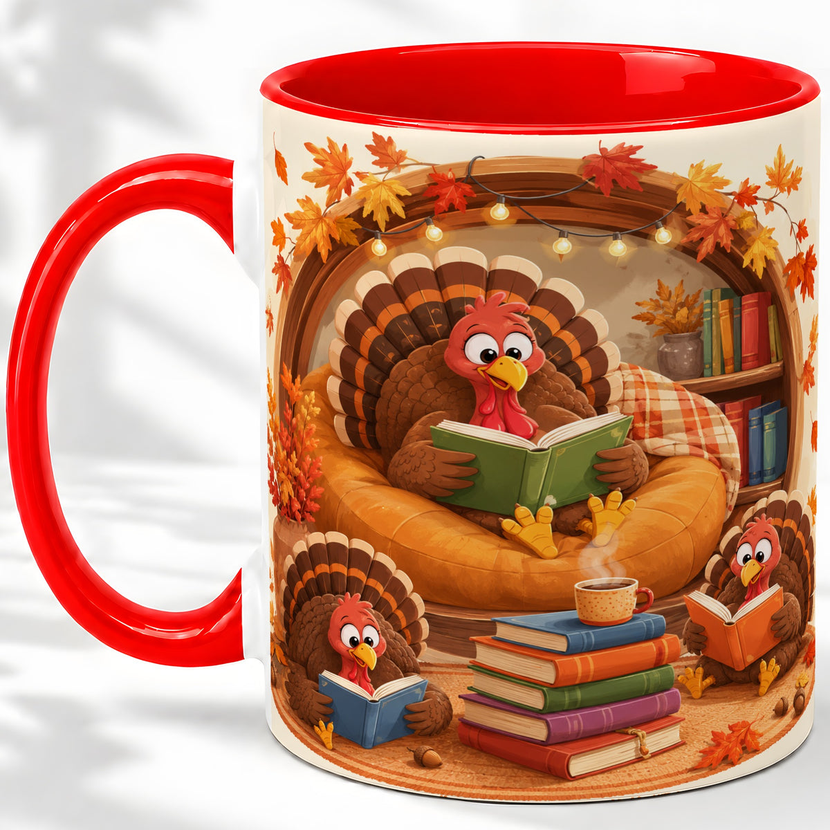 Thanksgiving Reading Turkey Accent Mug, Mug with Cozy Book Artwork