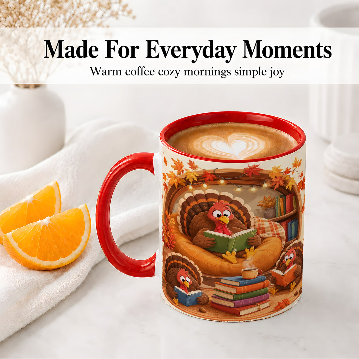 #pl[11oz|Red] Thanksgiving Reading Turkey Accent Mug, Mug with Cozy Book Artwork