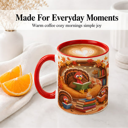 #pl[11oz|Red] Thanksgiving Reading Turkey Accent Mug, Mug with Cozy Book Artwork