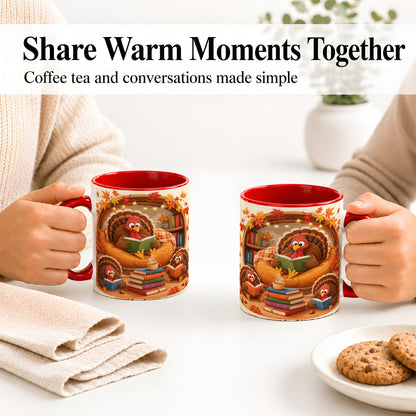 #pl[11oz|Red] Thanksgiving Reading Turkey Accent Mug, Mug with Cozy Book Artwork