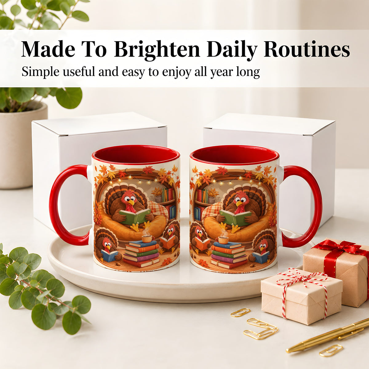 #pl[11oz|Red] Thanksgiving Reading Turkey Accent Mug, Mug with Cozy Book Artwork