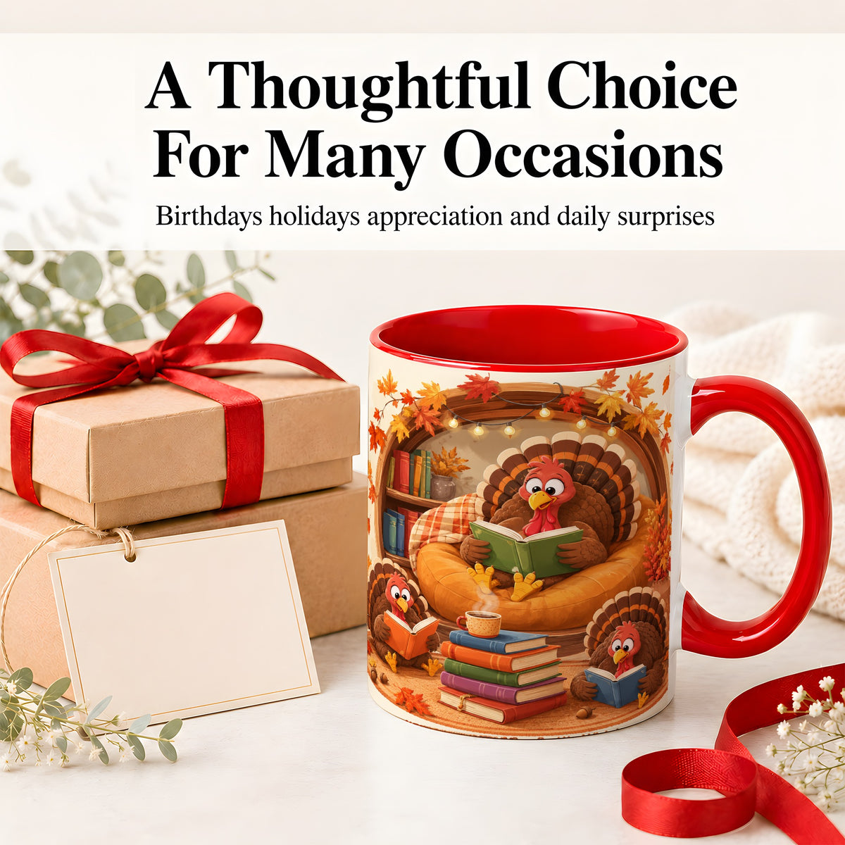 #pl[11oz|Red] Thanksgiving Reading Turkey Accent Mug, Mug with Cozy Book Artwork
