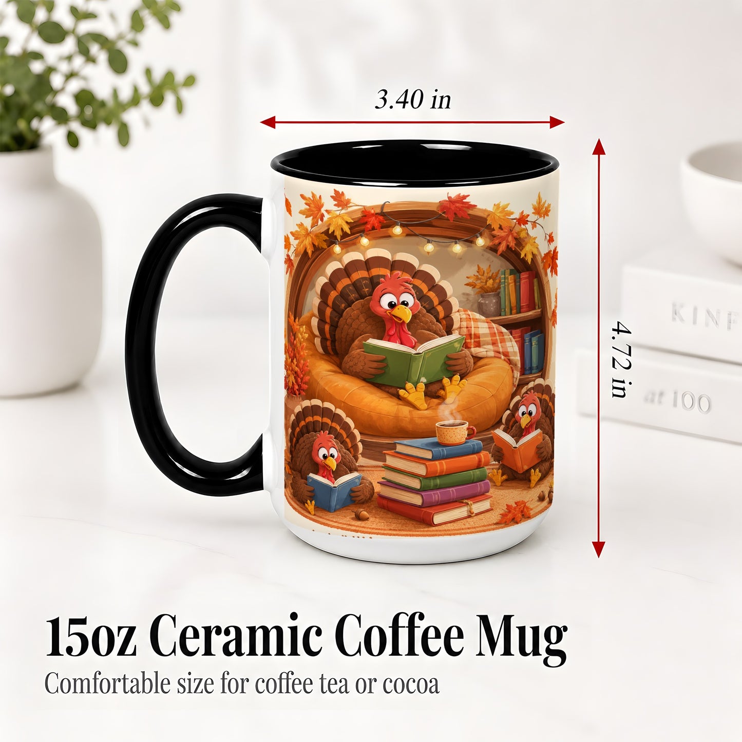 #pl[15oz|Black] Thanksgiving Reading Turkey Accent Mug, Mug with Cozy Book Artwork