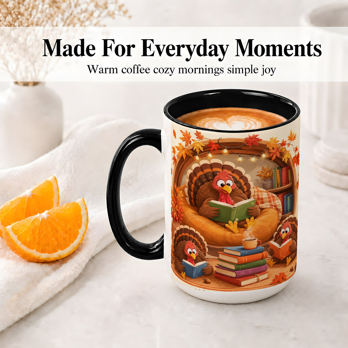 #pl[15oz|Black] Thanksgiving Reading Turkey Accent Mug, Mug with Cozy Book Artwork