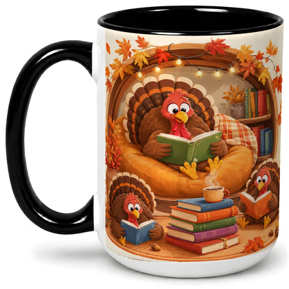 #pl[15oz|Black] Thanksgiving Reading Turkey Accent Mug, Mug with Cozy Book Artwork