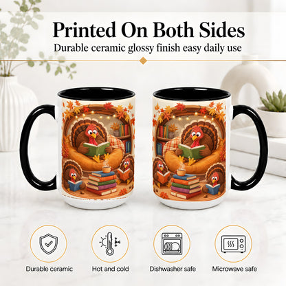 #pl[15oz|Black] Thanksgiving Reading Turkey Accent Mug, Mug with Cozy Book Artwork