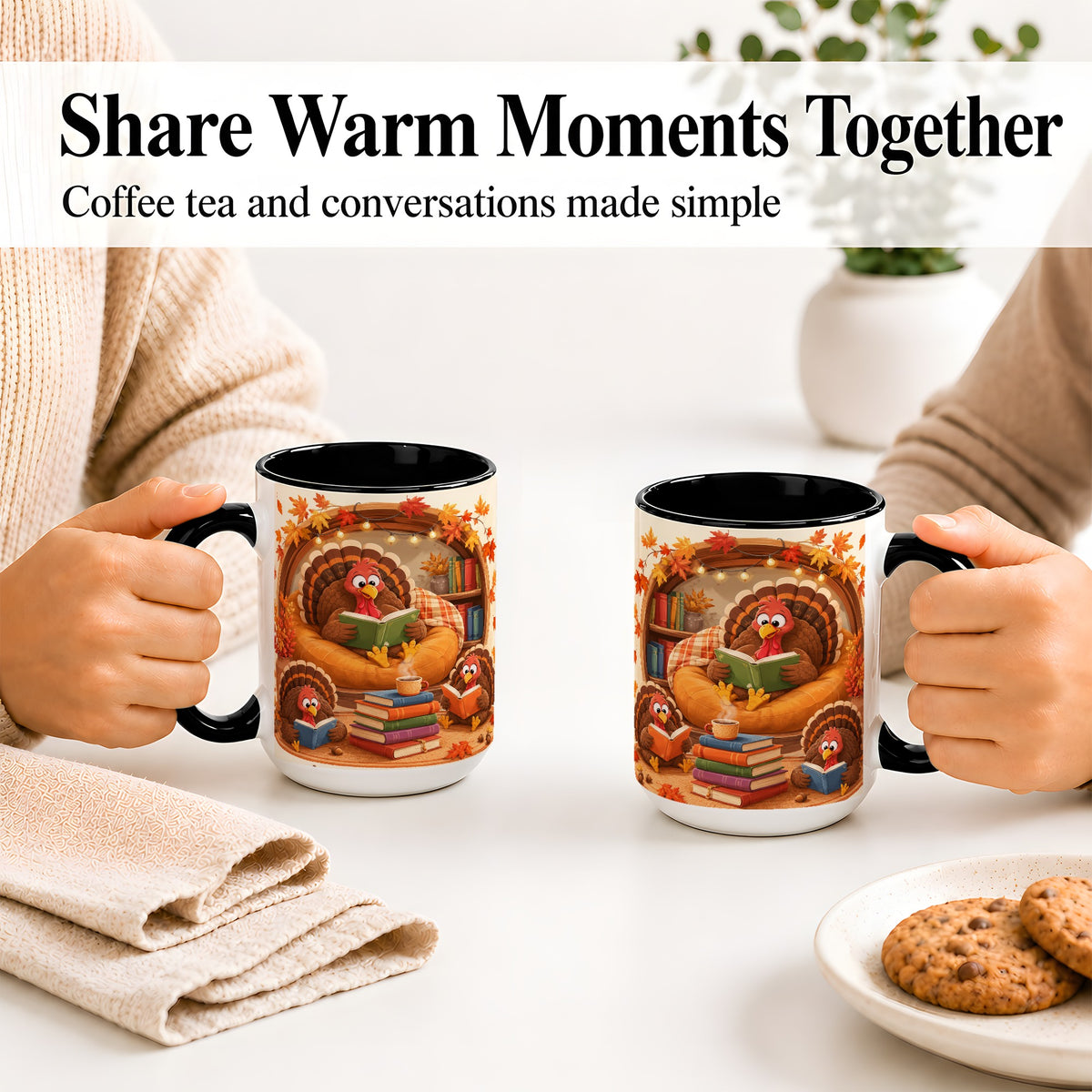 #pl[15oz|Black] Thanksgiving Reading Turkey Accent Mug, Mug with Cozy Book Artwork