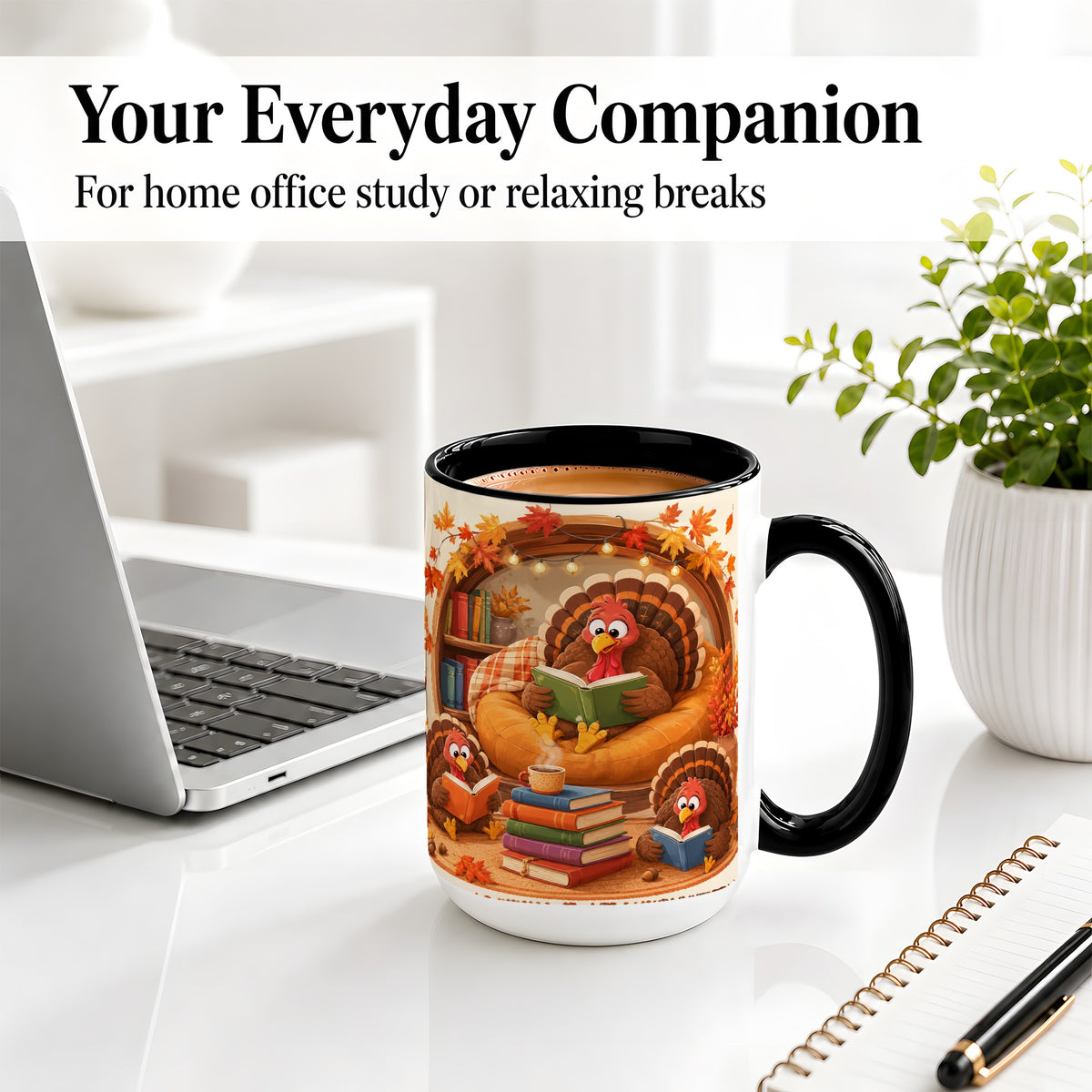 #pl[15oz|Black] Thanksgiving Reading Turkey Accent Mug, Mug with Cozy Book Artwork