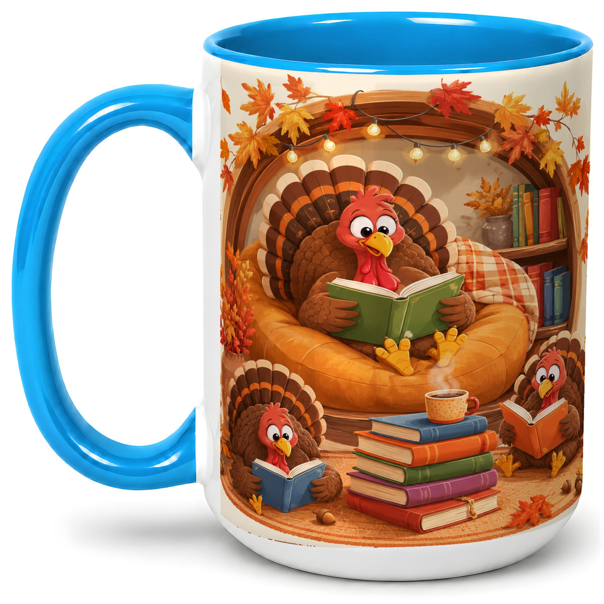#pl[15oz|Blue] Thanksgiving Reading Turkey Accent Mug, Mug with Cozy Book Artwork