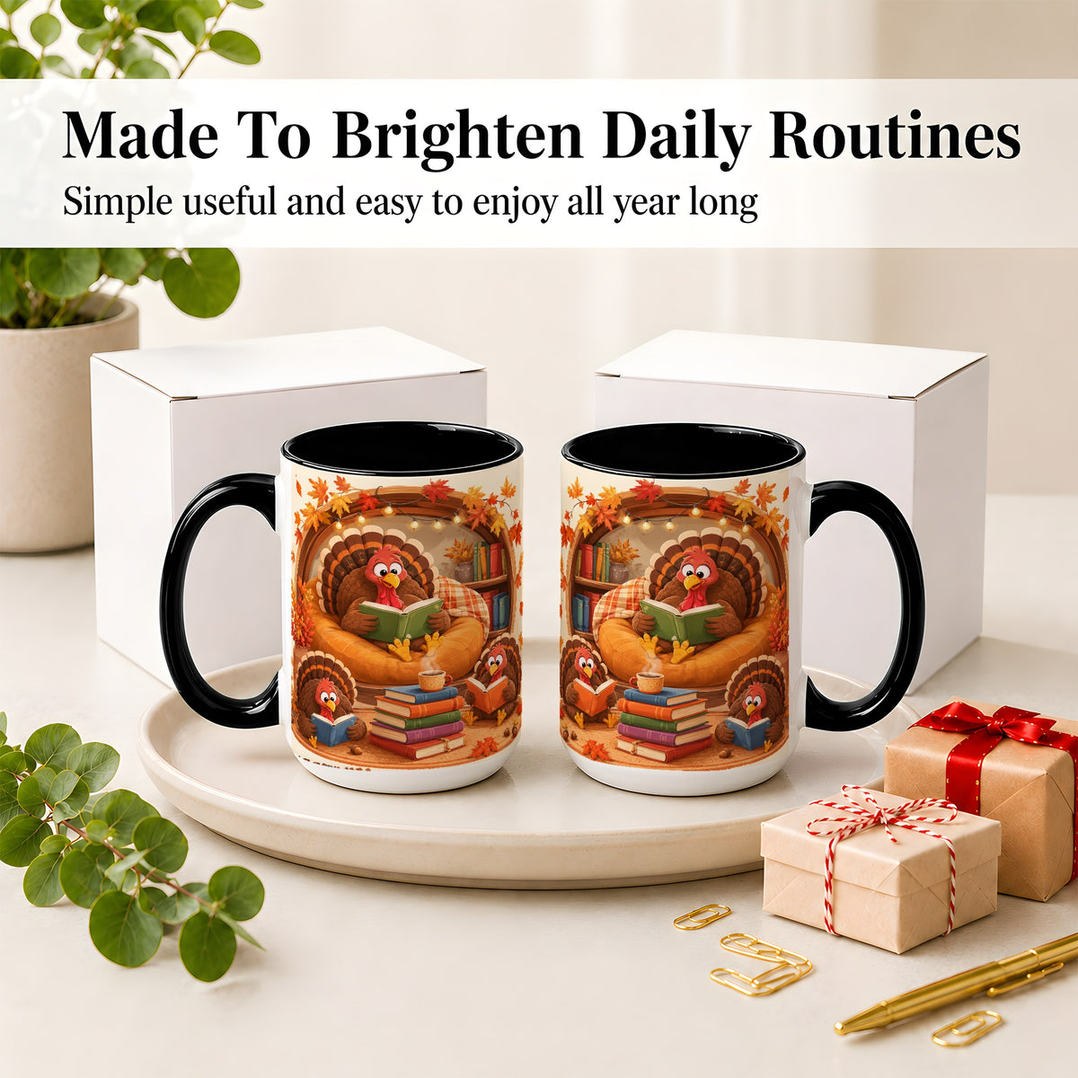 #pl[15oz|Black] Thanksgiving Reading Turkey Accent Mug, Mug with Cozy Book Artwork