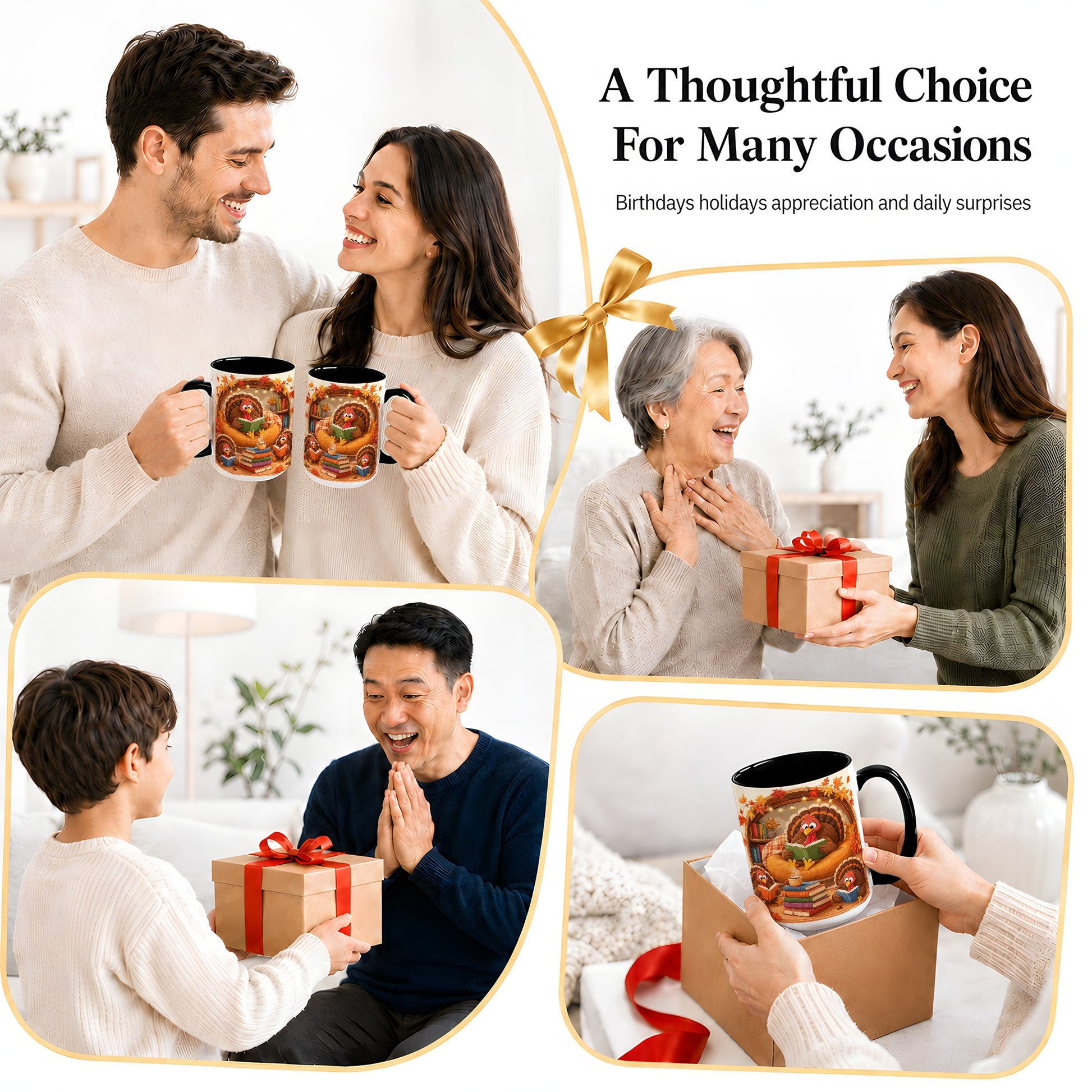 #pl[15oz|Black] Thanksgiving Reading Turkey Accent Mug, Mug with Cozy Book Artwork
