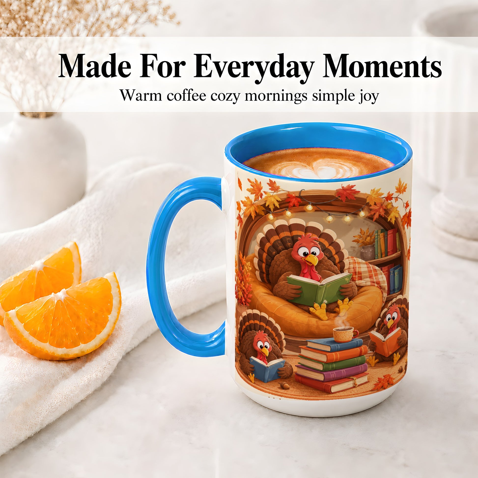 #pl[15oz|Blue] Thanksgiving Reading Turkey Accent Mug, Mug with Cozy Book Artwork