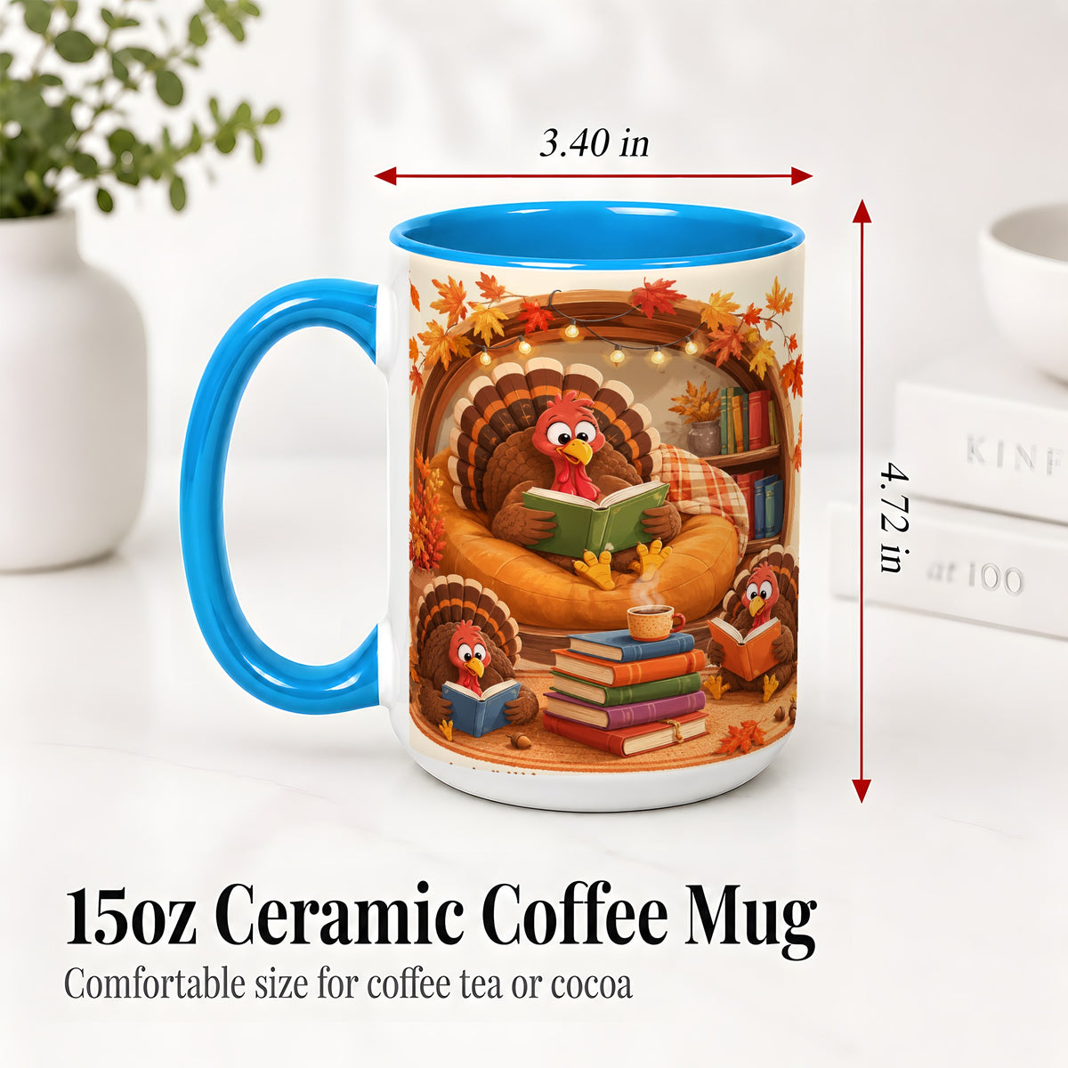 #pl[15oz|Blue] Thanksgiving Reading Turkey Accent Mug, Mug with Cozy Book Artwork