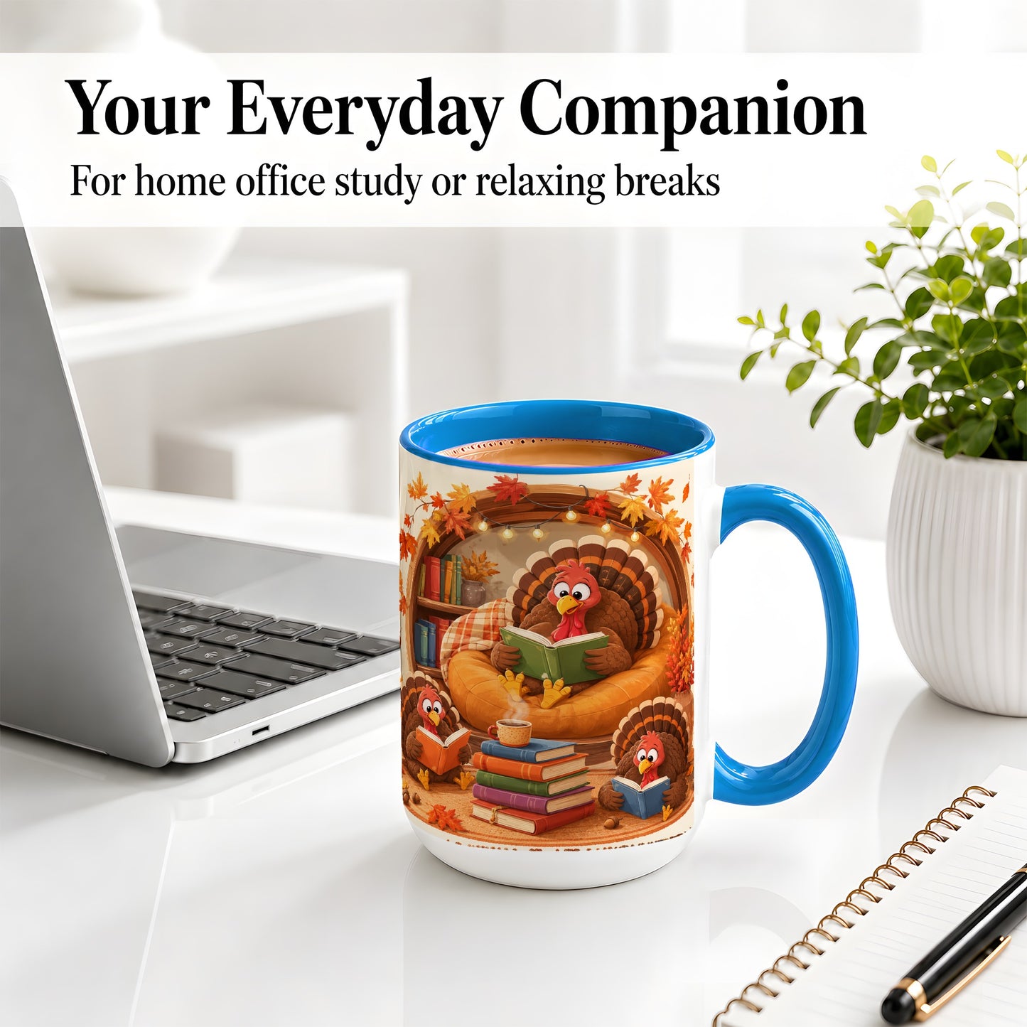 #pl[15oz|Blue] Thanksgiving Reading Turkey Accent Mug, Mug with Cozy Book Artwork