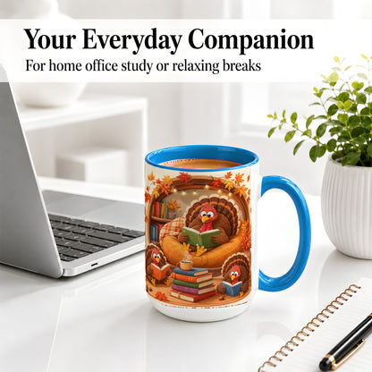 #pl[15oz|Blue] Thanksgiving Reading Turkey Accent Mug, Mug with Cozy Book Artwork