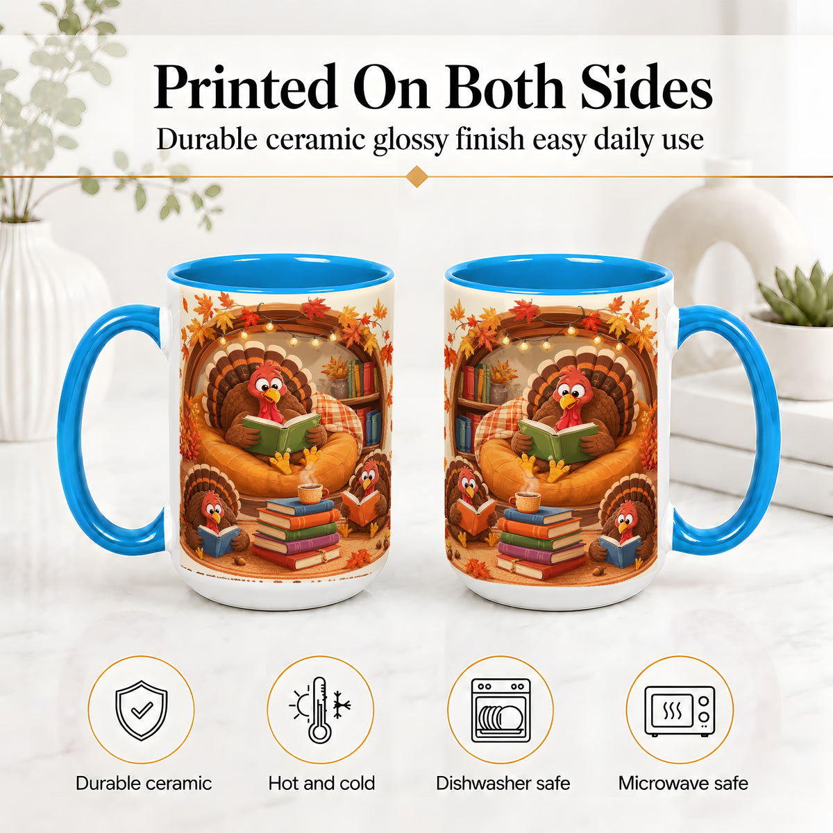 #pl[15oz|Blue] Thanksgiving Reading Turkey Accent Mug, Mug with Cozy Book Artwork